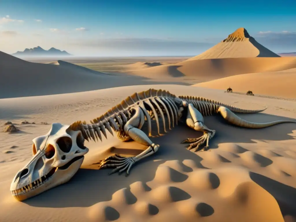 Excavación precisa de un Velociraptor en el Desierto del Gobi Un grupo de paleontólogos especializados en especies de dinosaurios excavando con precisión un esqueleto de Velociraptor en el Desierto de Gobi