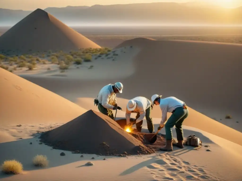 Excavación de fósiles de dinosaurios al atardecer en el desierto Grupo de paleontólogos excavando fósiles con cuidado al atardecer en el desierto