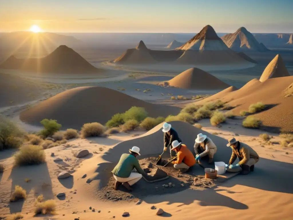 Excavación de fósiles de dinosaurios al atardecer Grupo de paleontólogos excavando fósiles de dinosaurios al atardecer en un desierto remoto