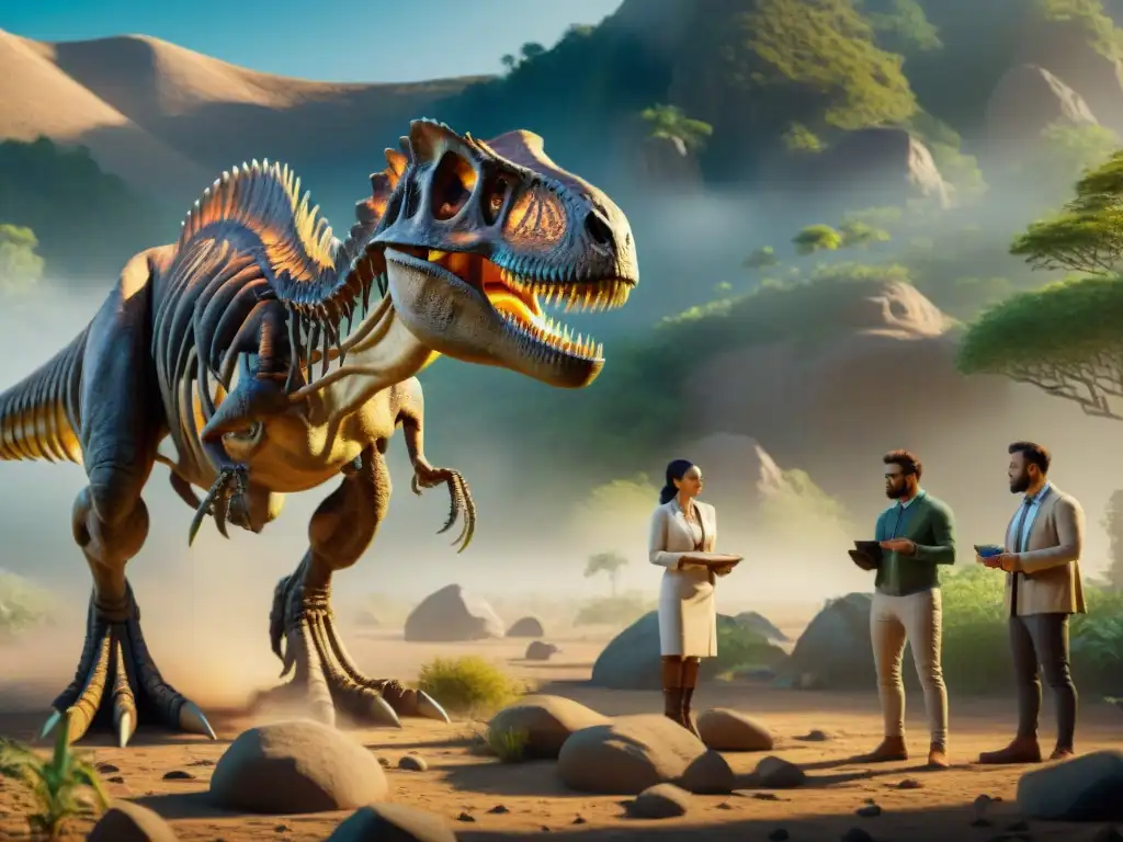 Excavación digital: paleontólogos interactúan con holograma de T Grupo de paleontólogos usando tecnología de realidad aumentada para estudiar un holograma 3D de un esqueleto de Tyrannosaurus rex en excavación