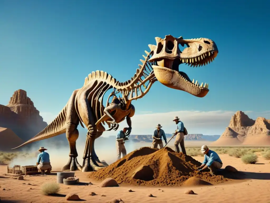 Un grupo de paleontólogos excava con precisión un fósil de dinosaurio en el desierto