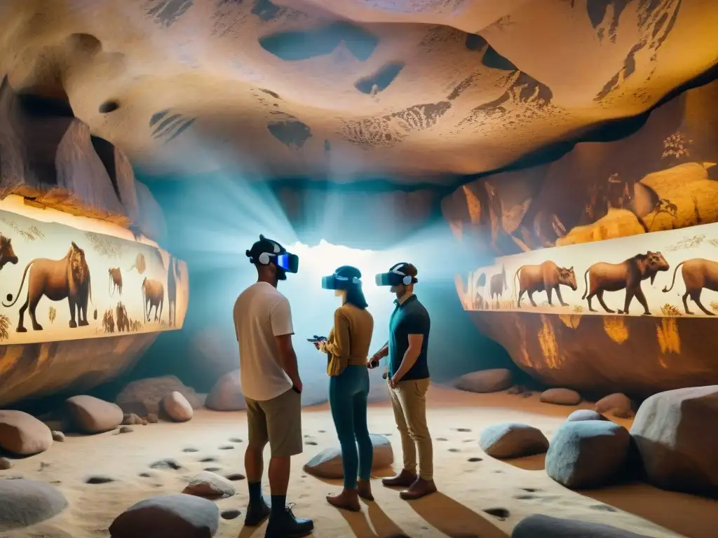 Realidad virtual prehistórica: educación ancestral reimaginada Grupo prehistórico vive experiencia educativa en realidad aumentada, rodeado de pinturas rupestres