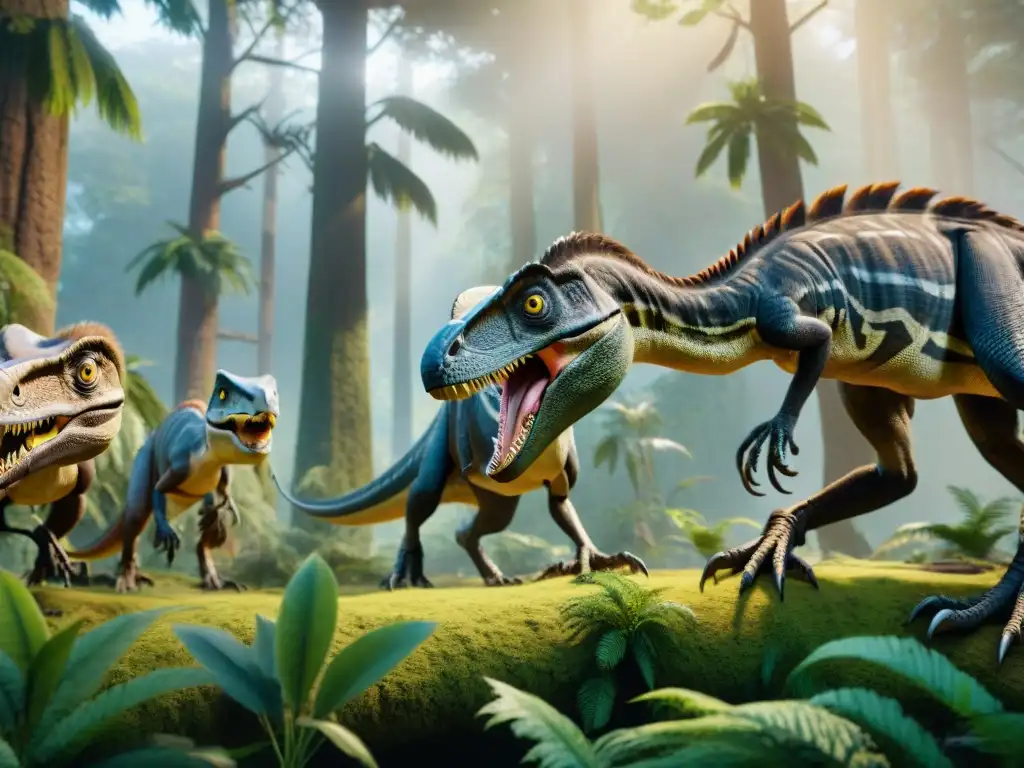 Cacería de Velocirraptores en Bosque Prehistórico Un grupo de Velociraptores cazando juntos en un denso bosque prehistórico