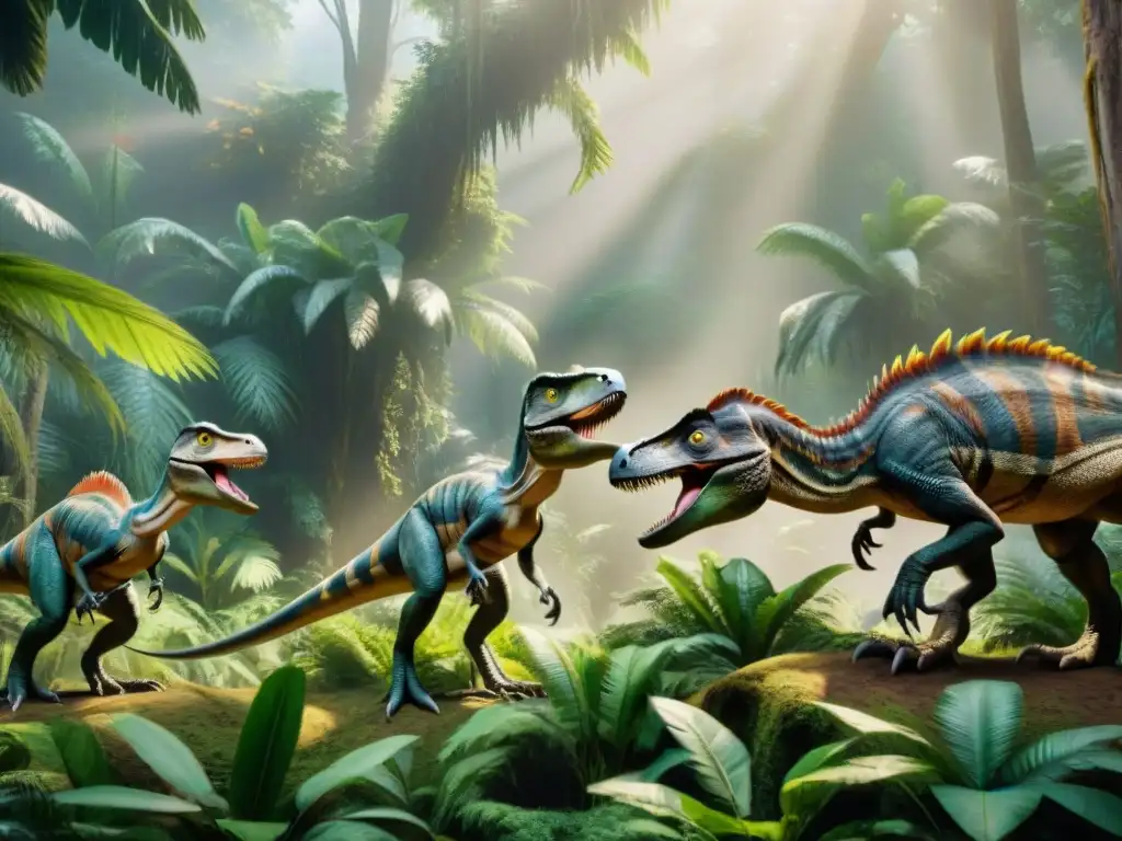 Velociraptores cantando en la jungla prehistórica Grupo de Velociraptores emitiendo sonidos prehistóricos en la exuberante jungla