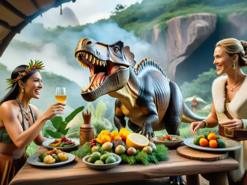 Banquete prehistórico en parque temático de dinosaurios Grupo de visitantes entusiastas disfrutan de una comida prehistórica en un parque temático de dinosaurios