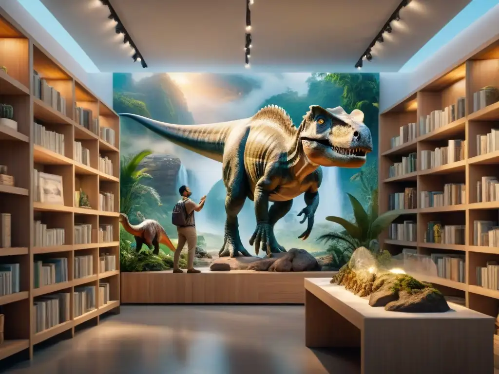Paleoartista recrea escena prehistórica con detalle asombroso Un hábil paleoartista recrea una escena prehistórica en un lienzo rodeado de libros, fósiles y herramientas