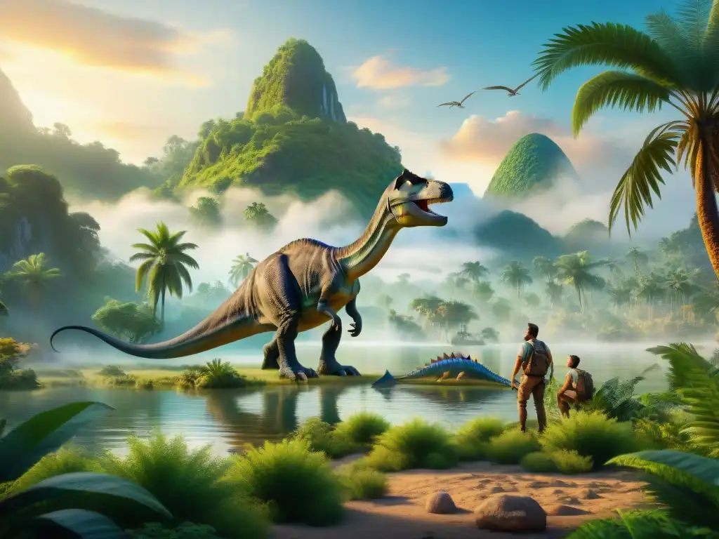 Convivencia prehistórica: humanos y dinosaurios en paisaje realista Intersección entre humanos y dinosaurios en un paisaje prehistórico lleno de vida y armonía al atardecer