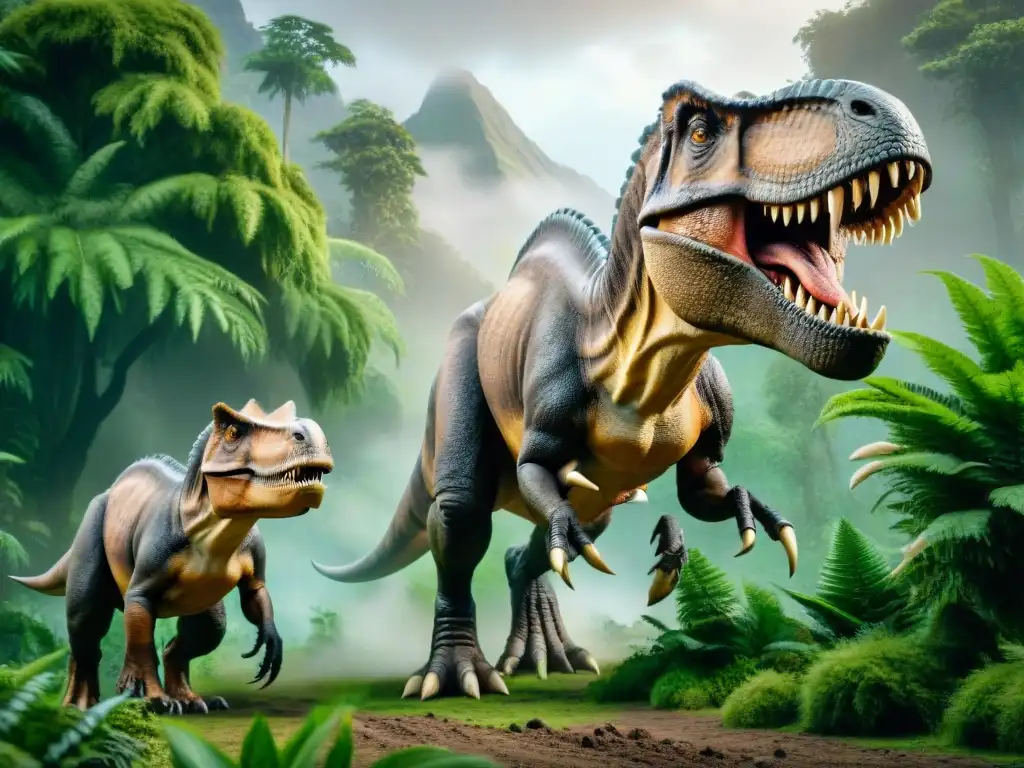 Duelo prehistórico: Tiranosaurio rex y mamut en paisaje verde Dos icónicos dinosaurios en la cultura pop, un Tiranosaurio rex y un mamut lanudo, destacan en un paisaje prehistórico lleno de vida