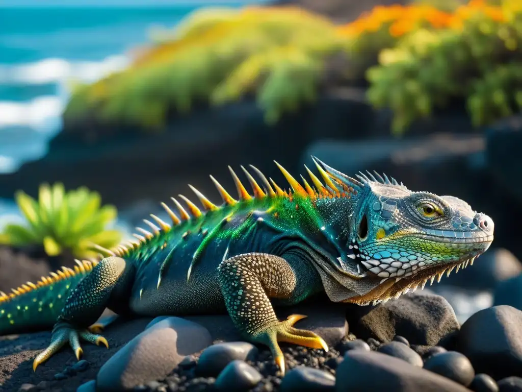 Una iguana marina de Galápagos en su hábitat natural, mostrando la evolución de los dinosaurios en las islas