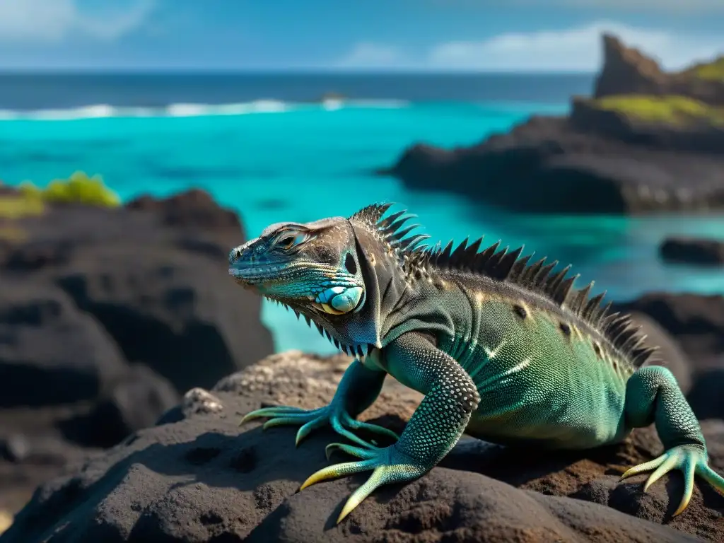 Iguanas marinas negras de Galápagos en su entorno volcánico, mostrando su evolución dinosaurios islas Galápagos