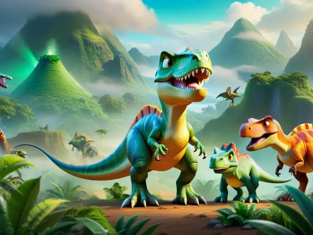 Dinosaurios animados: diversidad en el mundo infantil Una ilustración detallada de dinosaurios animados de películas y series infantiles populares en diversos estilos y personajes