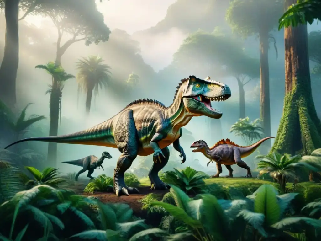 Épica escena de dinosaurios en la jungla prehistórica Una ilustración detallada de un grupo de dinosaurios en una selva prehistórica exuberante, mostrando variedad de especies y tamaños