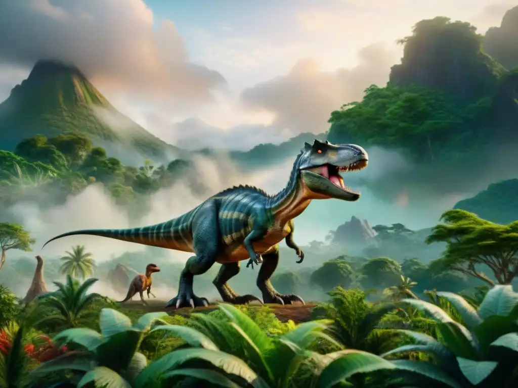 Dinosaurios prehistóricos emitiendo sonidos: ilustración detallada Una ilustración detallada que muestra un grupo diverso de dinosaurios emitiendo sonidos, con atención meticulosa en sus cuerdas vocales y el entorno
