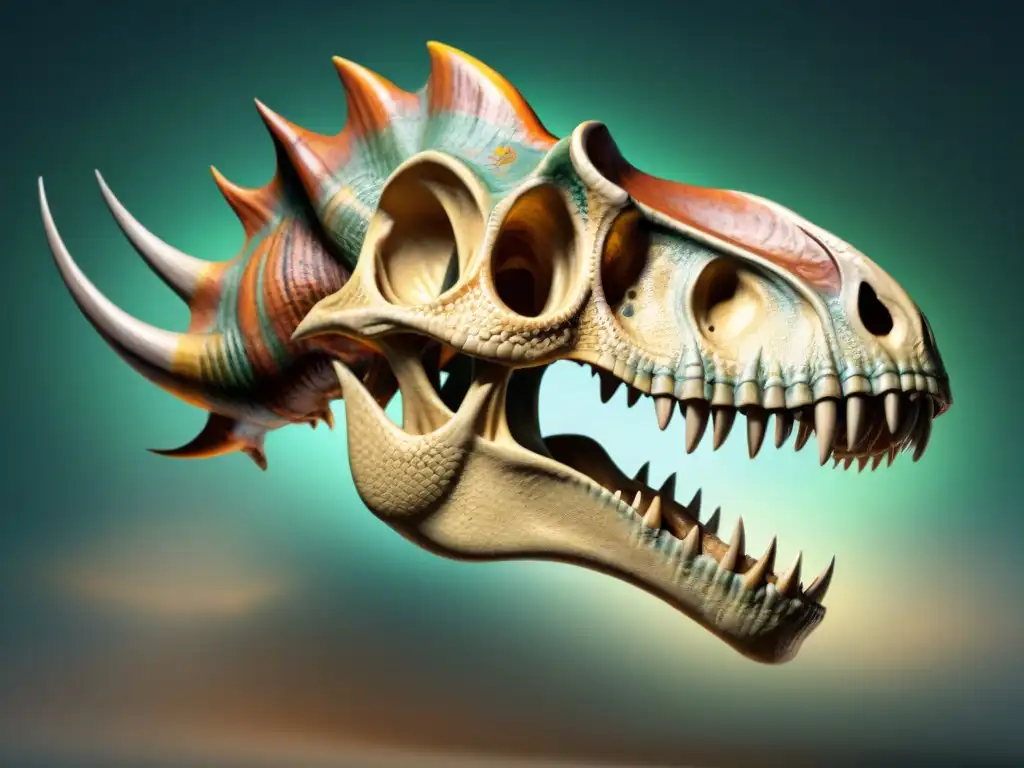 Espectacular diversidad de cuernos y crestas en cráneos de dinosaurios Una imagen detallada de cráneos de dinosaurios con cuernos de diversas formas y tamaños, destacando la función y variedad de cuernos en dinosaurios