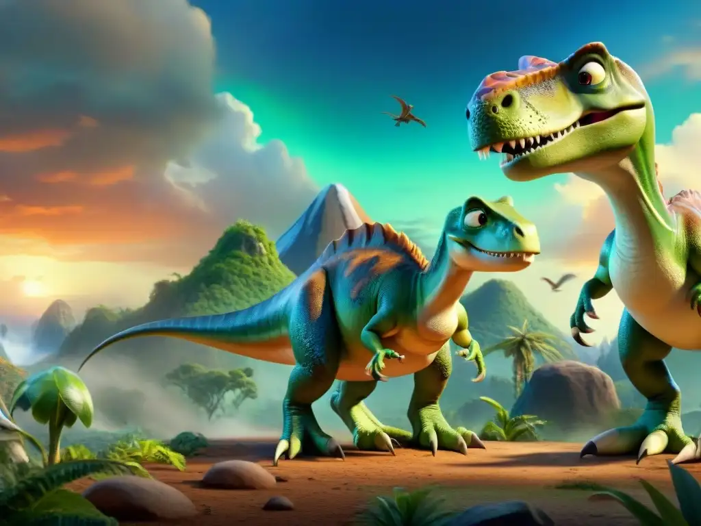 Personajes icónicos de dinosaurios animados en una imagen detallada Una imagen detallada de dinosaurios icónicos de películas animadas de Pixar y DreamWorks