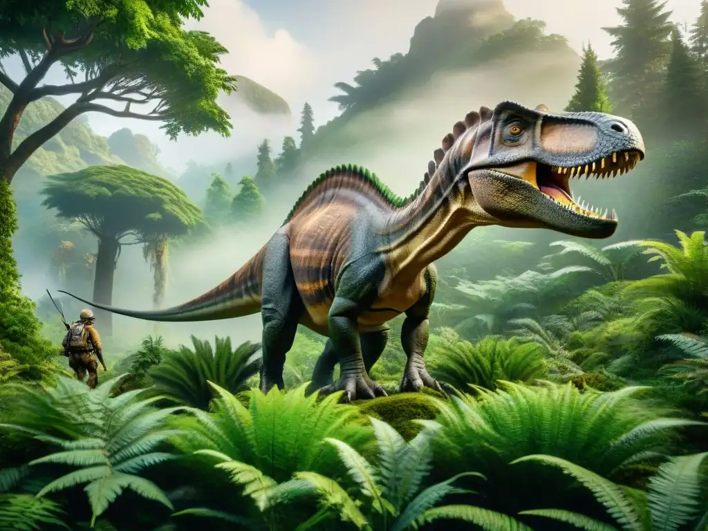 Ecosistema prehistórico: diversidad y armonía entre dinosaurios Una imagen detallada de un exuberante paisaje prehistórico habitado por dinosaurios, mostrando estrategias de supervivencia