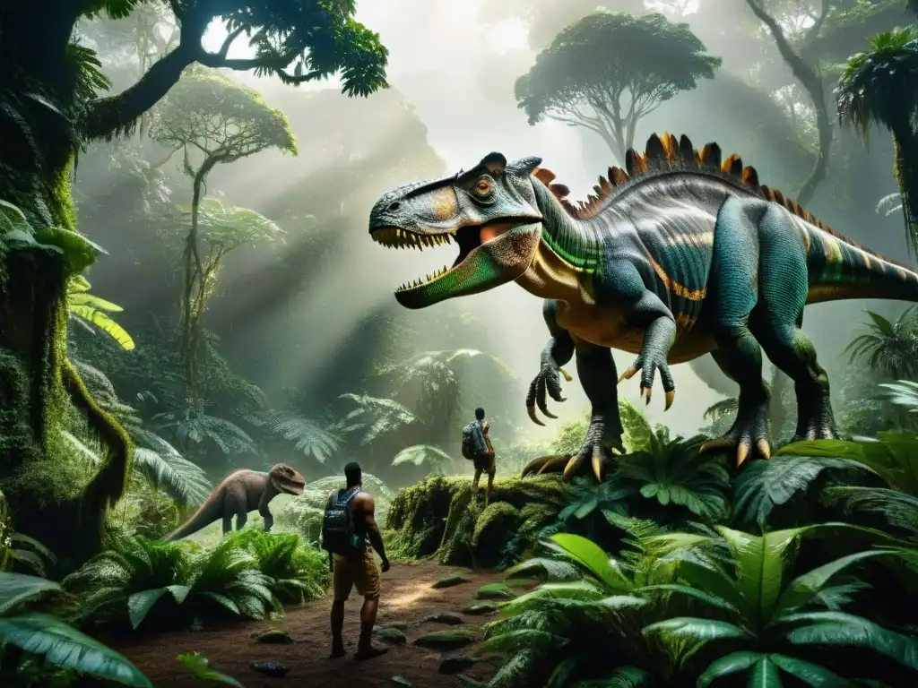 Imagen detallada de la exuberante selva amazónica, hogar de seres míticos y dinosaurios, fusionando leyendas y prehistoria