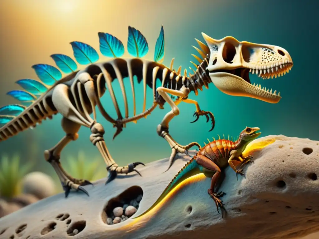 Interacción prehistórica: insectos en esqueleto de dinosaurio Una imagen detallada muestra insectos en un esqueleto de dinosaurio, resaltando la interacción en la paleontología