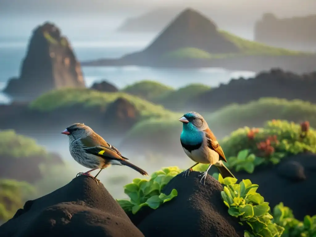 Una imagen detallada de pinzones de Galápagos en ramas, con diversidad de picos, en paisaje volcánico neblinoso