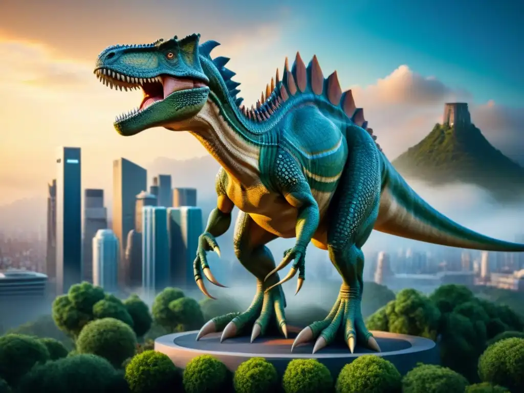 La imagen muestra dinosaurios en arte conceptual, gigantes esculturas detalladas que contrastan con la modernidad de una ciudad futurista
