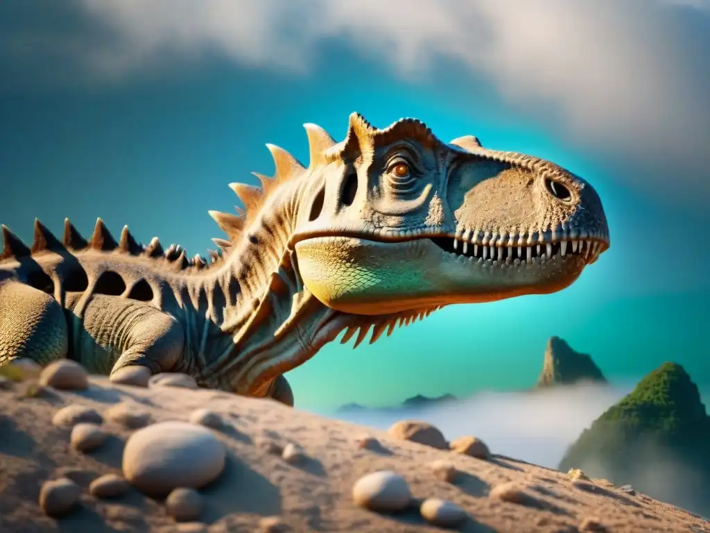 Una imagen impactante de un fósil de dinosaurio perfectamente conservado en roca sedimentaria, destacando detalles y estructura esquelética