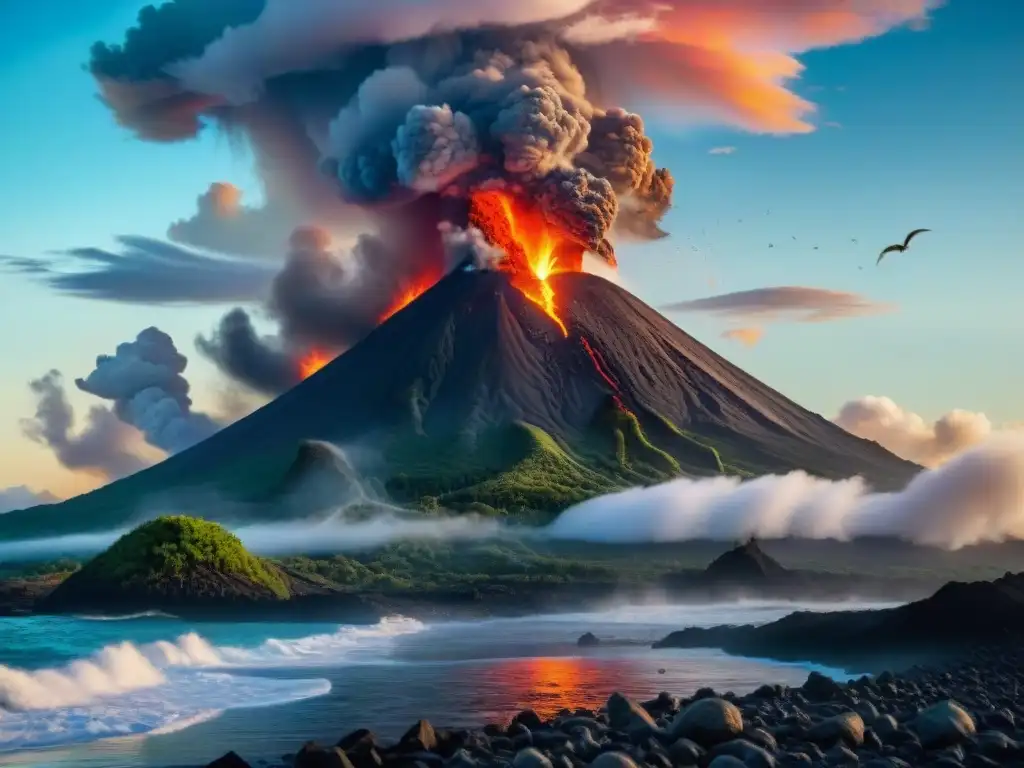 Océano prehistórico lleno de vida marina junto a volcanes activos Imagen impactante: océanos prehistóricos y volcanes activos crean un paisaje dinámico