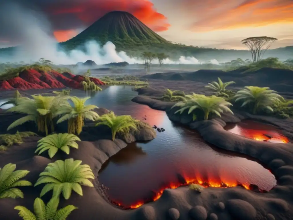 Tierra Perdida: Paisaje Prehistórico del Pérmico La imagen muestra un paisaje prehistórico detallado del período Pérmico con vida antigua y atmósfera volcánica