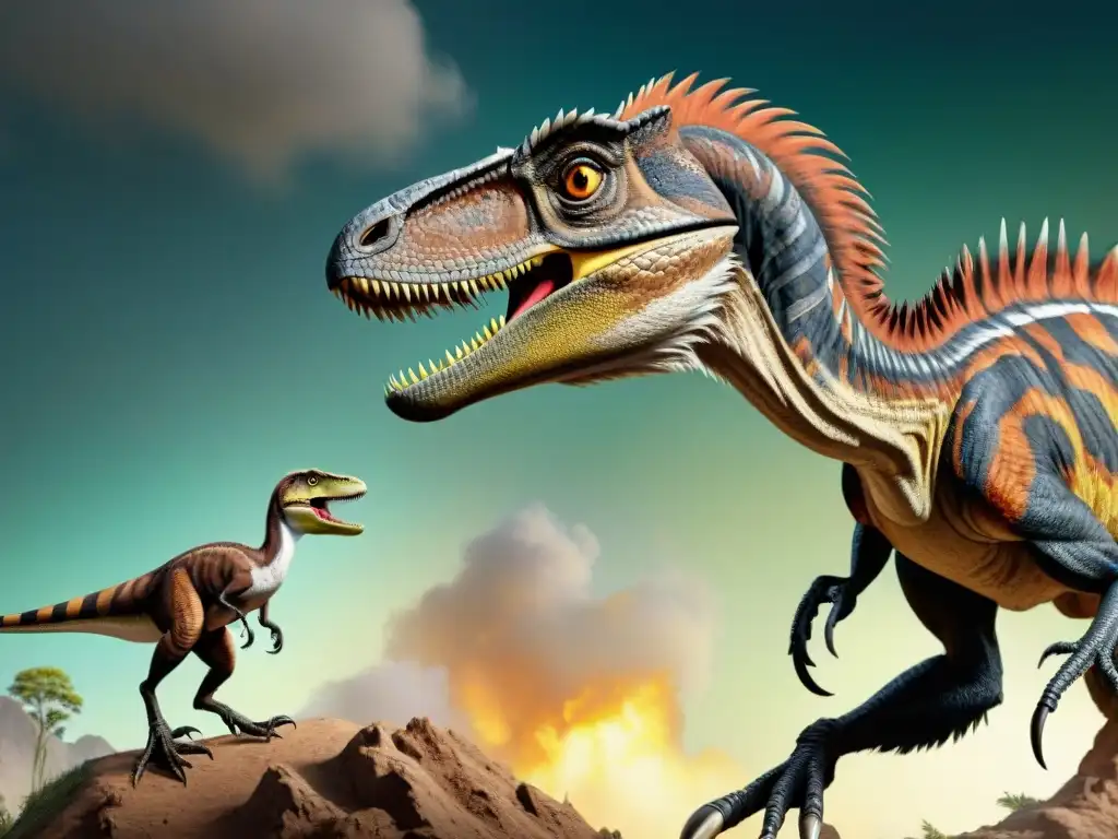 Comparación realista Velociraptor vs Deinonychus: tamaño, color y anatomía Impactante ilustración detallada y realista de Velociraptor y Deinonychus, destacando diferencias en tamaño, color y estructuras anatómicas