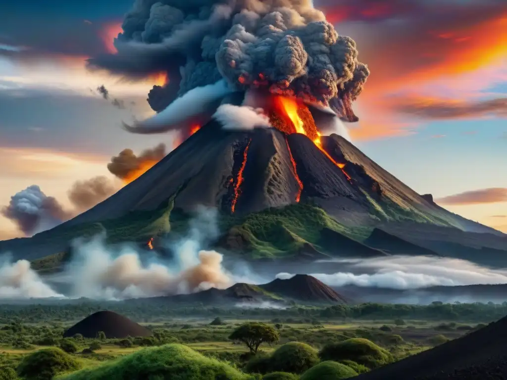 Apocalipsis prehistórico: asteroide vs Impactante escena de extinción de los dinosaurios causas: asteroide gigante y volcán en erupción sobre la Tierra prehistórica