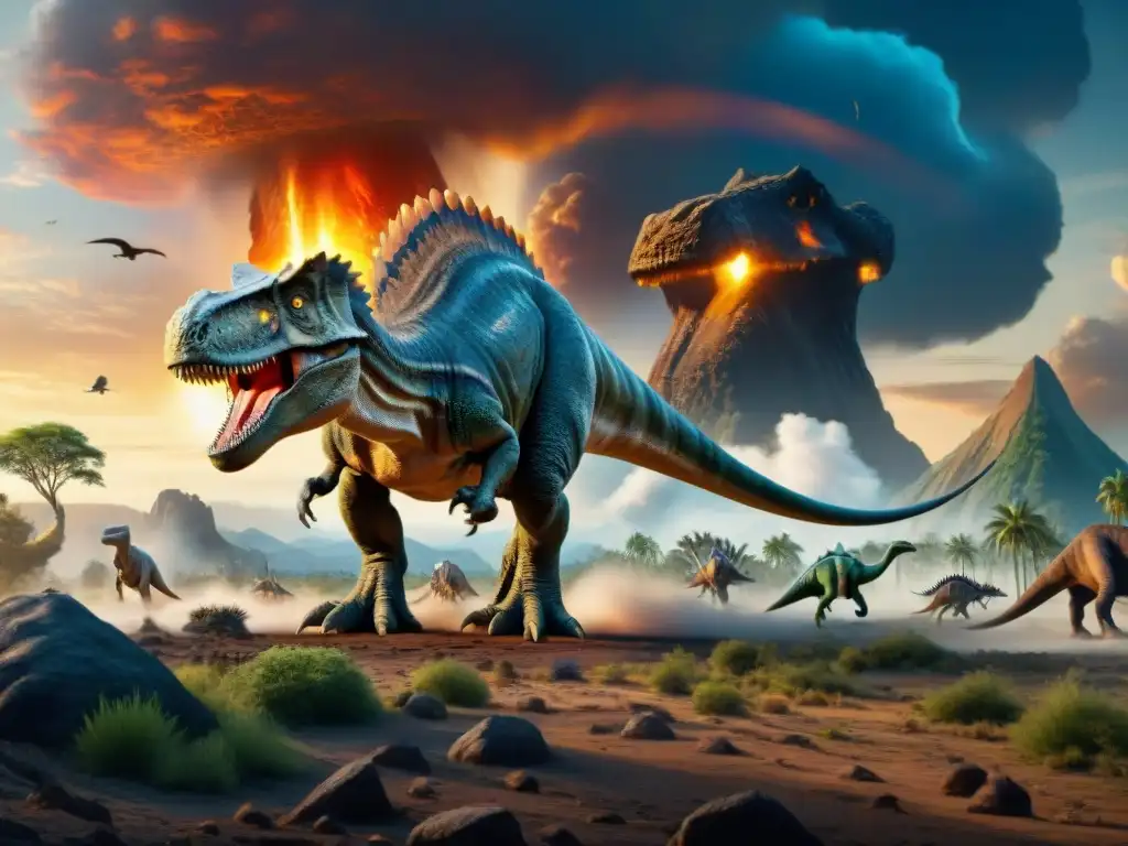 Catástrofe prehistórica: asteroid en camino a la Tierra Impactante escena de extinciones masivas por impacto de asteroides en un paisaje prehistórico caótico y devastador
