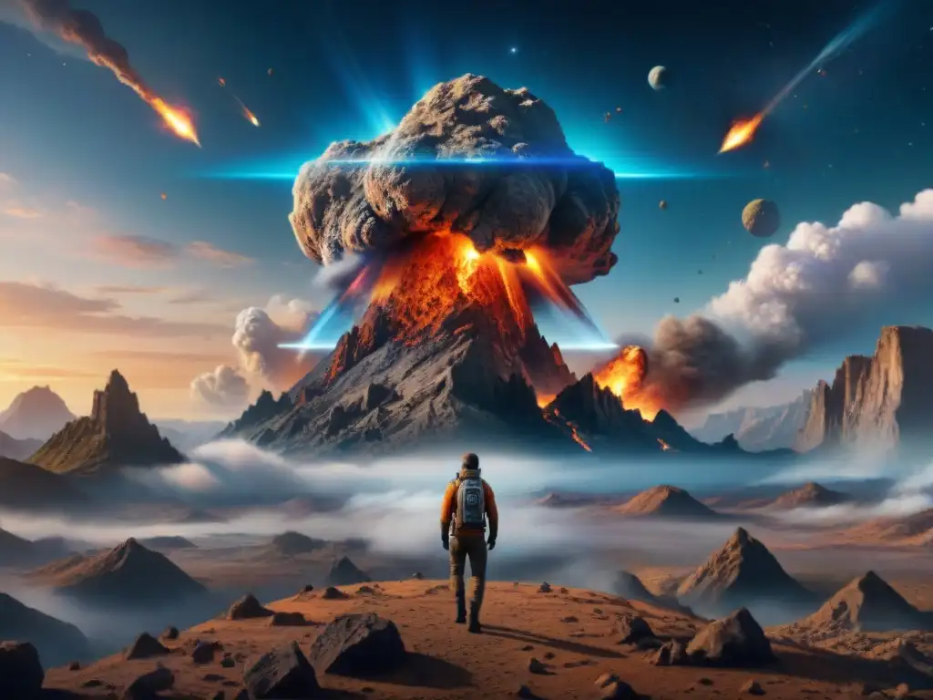 Colisión Cósmica: Asteroide amenaza Tierra y dinosaurios Impactante imagen de un asteroide gigante acercándose a la Tierra, creando caos en la era de los dinosaurios