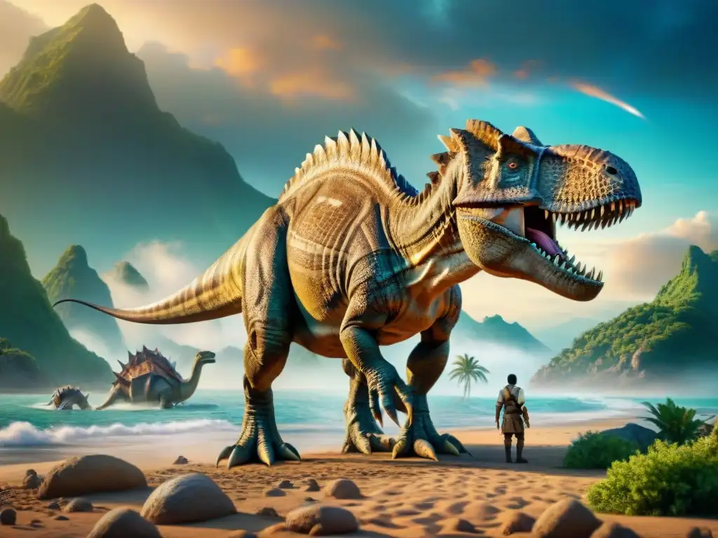 Dinosaurios prehistóricos en un paisaje épico de la era Mesozoica Impactante imagen de dinosaurios en un paisaje prehistórico con cambios en el nivel del mar