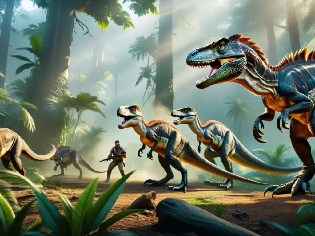 Caza de Velocirraptores en la selva prehistórica Impactante imagen de Velociraptores cazando en manada en un denso bosque prehistórico