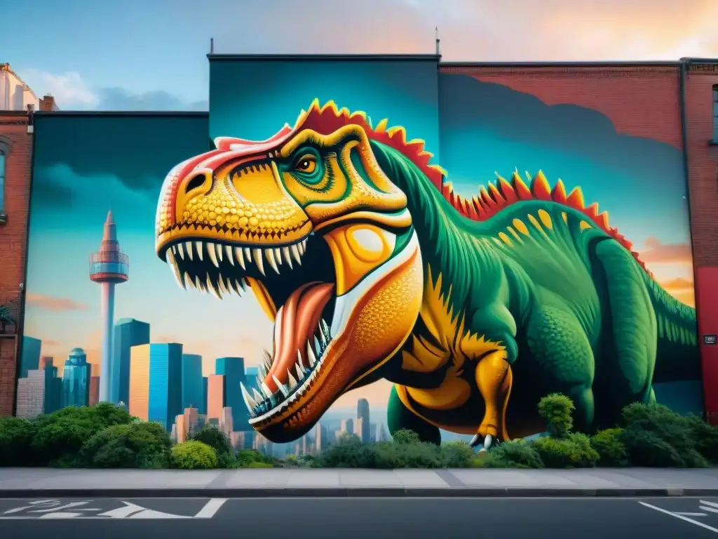 Muralla urbana: mural gigante de un Tiranosaurio Rex en la ciudad Impactante mural de dinosaurio en la ciudad fusionando arte callejero y prehistoria