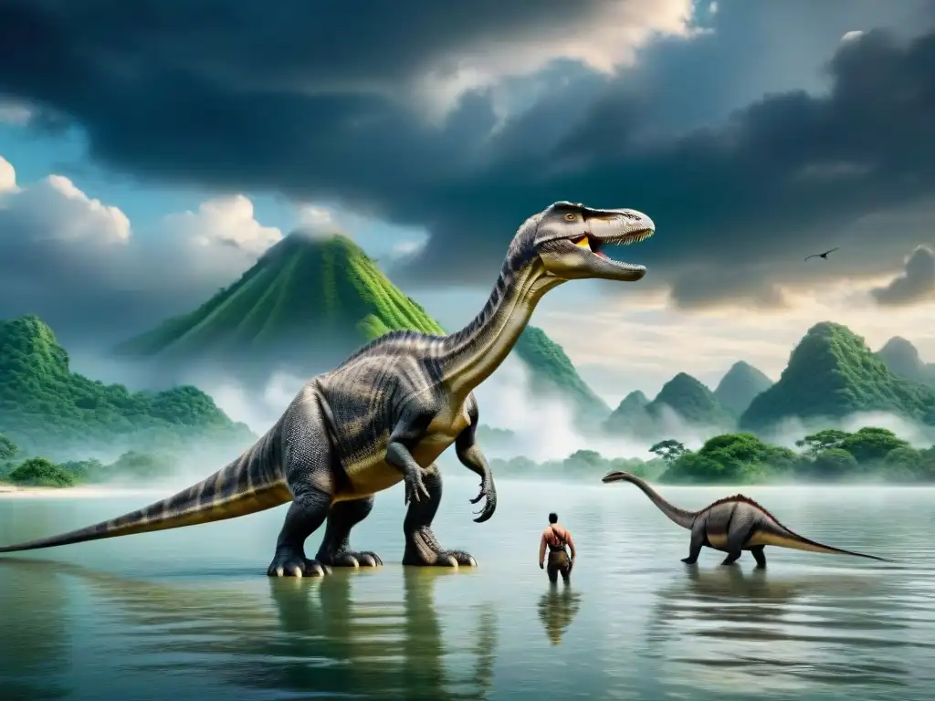 Dinosaurios en paisaje prehistórico Impactante paisaje prehistórico con dinosaurios ante cambios nivel del mar