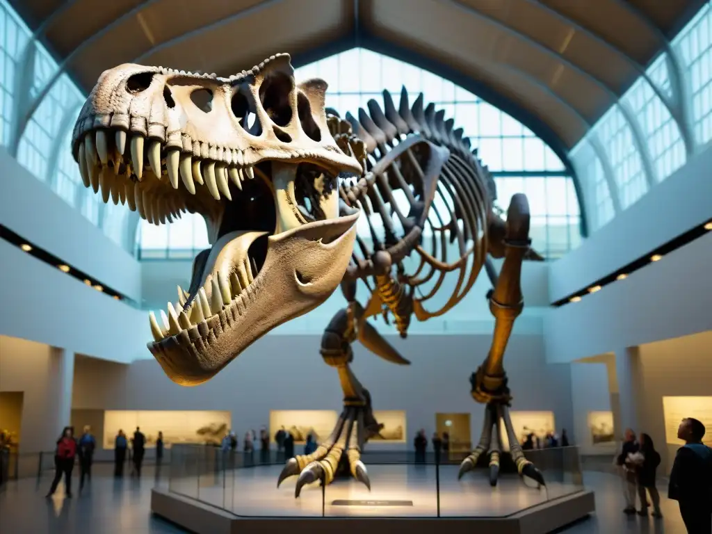 Esqueleto de T-Rex en museo: visitantes maravillados Una impactante representación de dinosaurios en cultura: esqueleto de un Tiranosaurio Rex en un museo, rodeado de visitantes maravillados