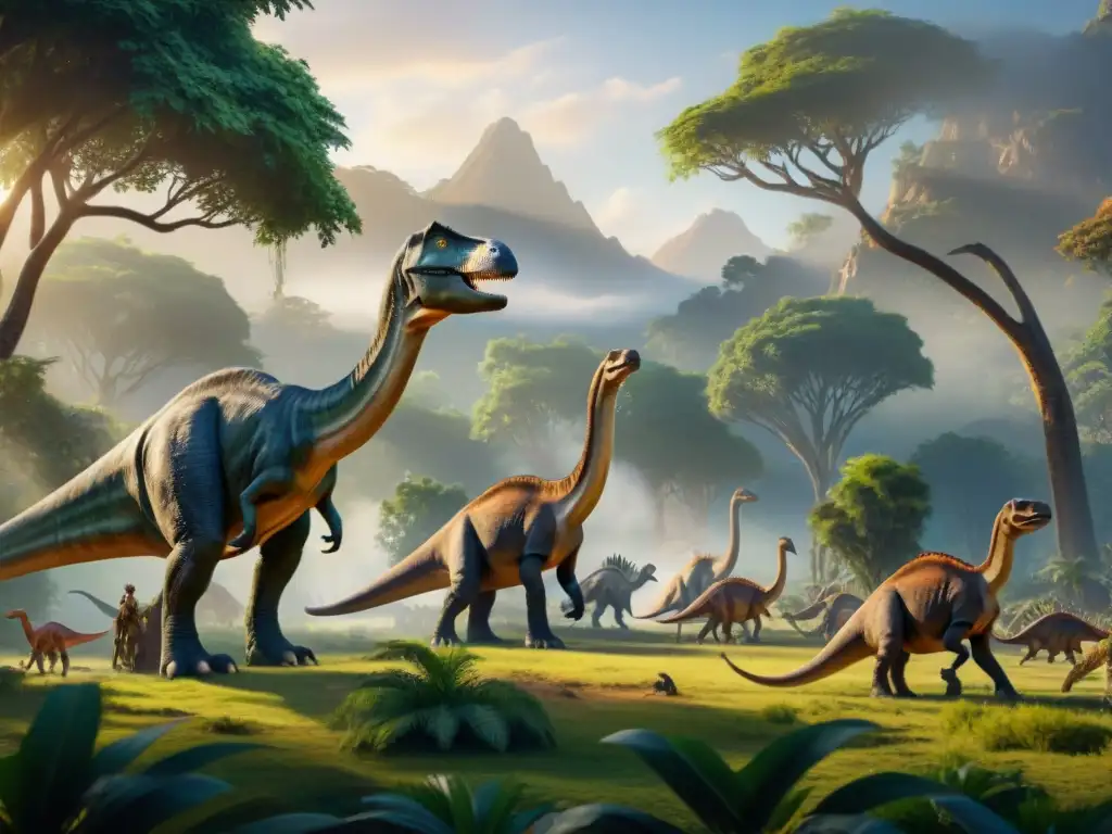 Dinosaurios en paisaje prehistórico: paz y caza Impacto y evolución de dinosaurios en una escena cautivadora de diversas especies pastando en un exuberante paisaje prehistórico
