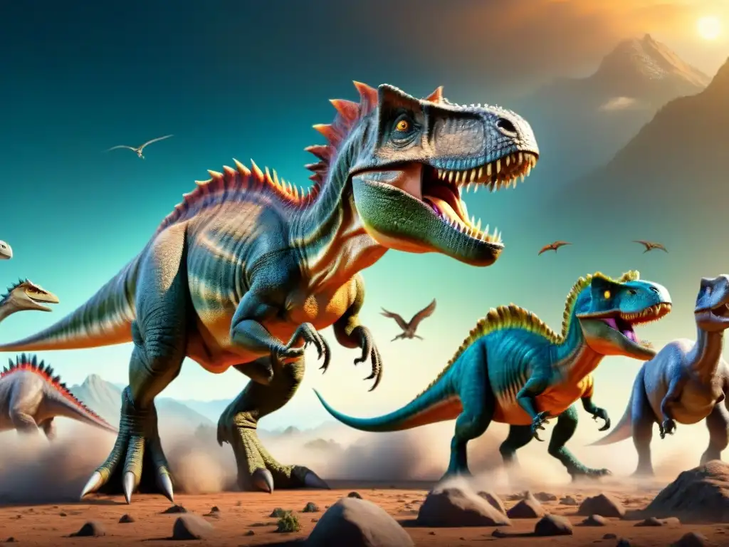 Dinosaurios evolucionando bajo diferentes fuerzas gravitatorias Impacto de la gravedad en la evolución de los dinosaurios: una escena detallada muestra su evolución bajo distintas fuerzas gravitatorias