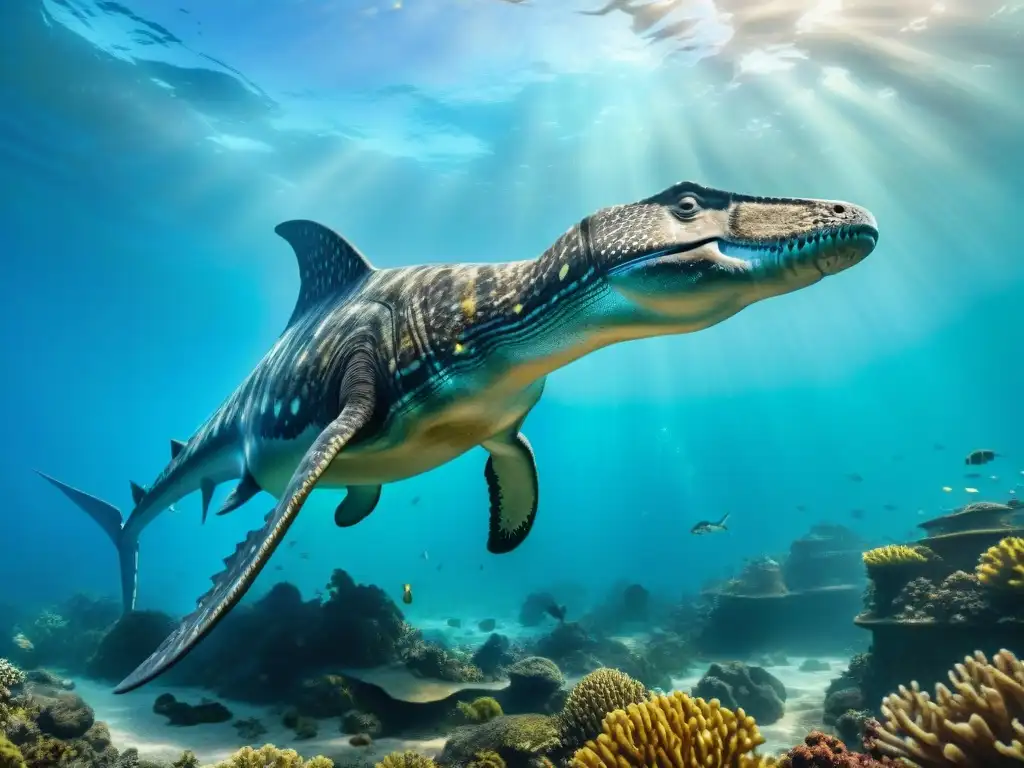 Impacto de tsunamis en ecosistemas jurásicos: escena detallada de tsunami acercándose a vida marina prehistórica en arrecifes de coral