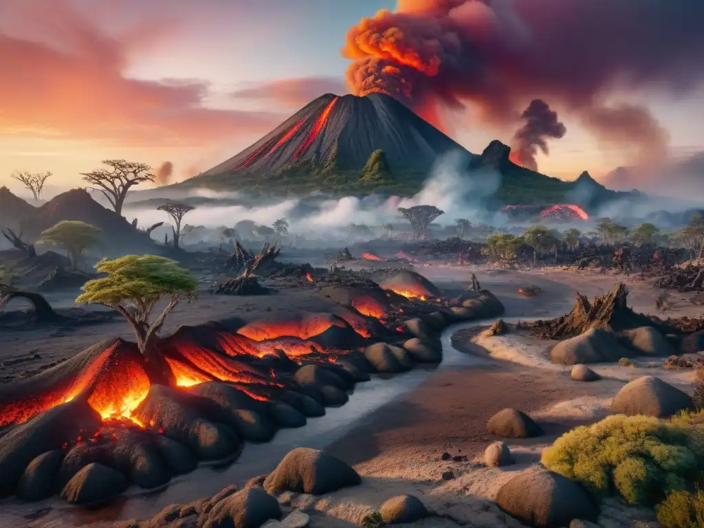Efectos devastadores de una erupción volcánica en la prehistoria Impacto volcánico en ecosistemas prehistóricos: Desolación tras erupción volcánica, árboles petrificados y dinosaurios huyendo