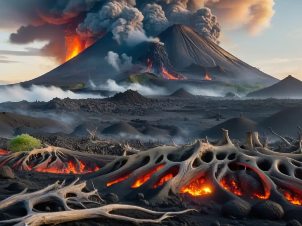 Devastación volcánica: paisaje prehistórico sepultado en ceniza y lava Impacto volcánico en ecosistemas prehistóricos: paisaje arrasado por lava y cenizas con restos de árboles y esqueletos de animales antiguos