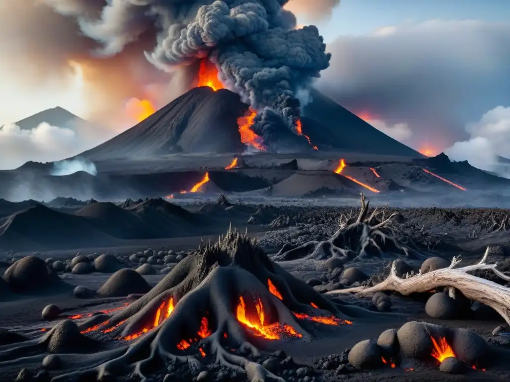 Devastación volcánica en paisaje prehistórico Impacto volcánico en ecosistemas prehistóricos: paisaje devastador de cenizas, lava y árboles carbonizados tras erupción catastrófica