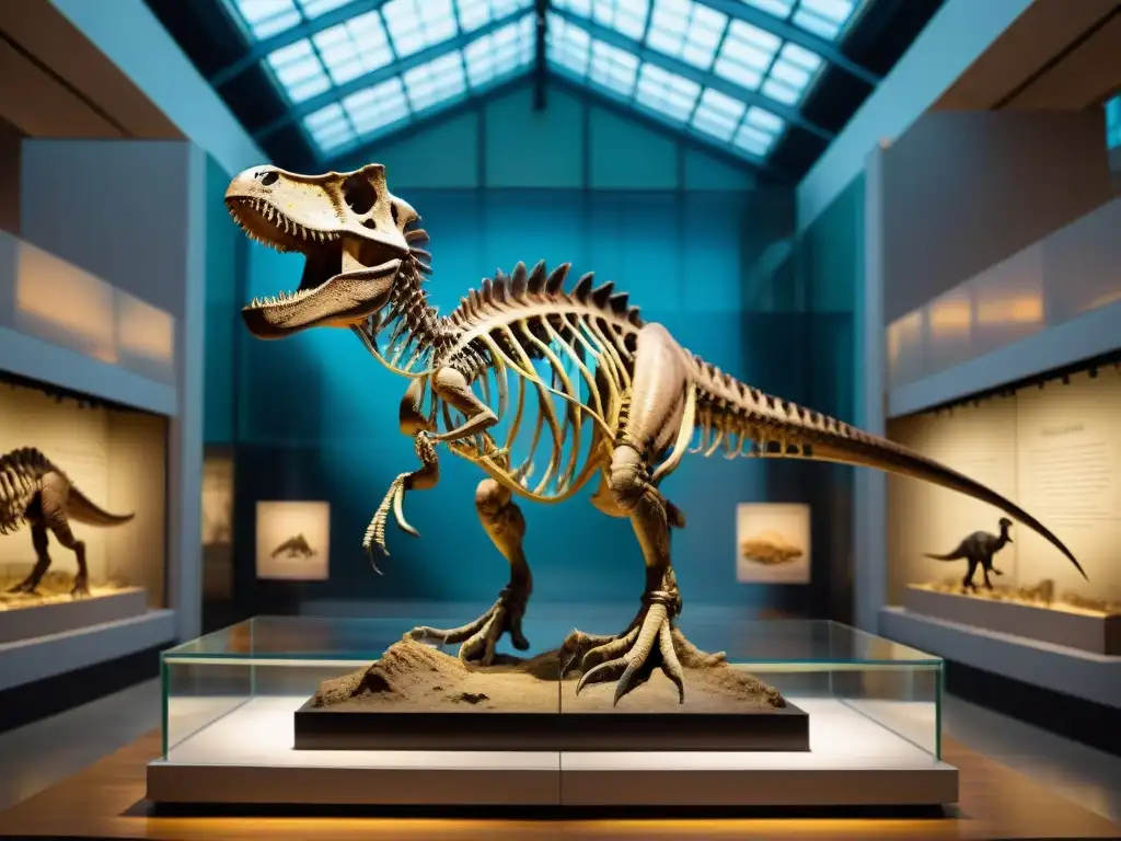 Espectacular fósil de dinosaurio exhibido en museo Imponente fósil de dinosaurio en museo, detallado y enmarcado en cristal, reflejando su valor científico e histórico