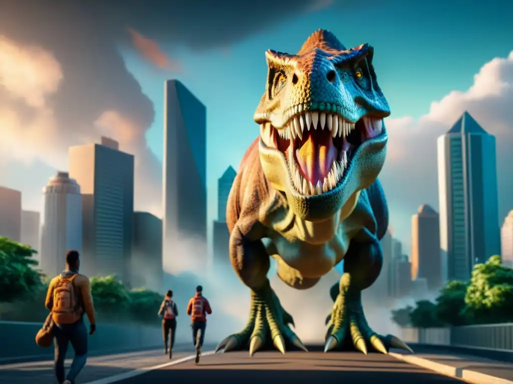 Imponente T-Rex en la ciudad: detalle 8k Un imponente T-Rex en la ciudad, con escamas brillantes y dientes afilados, dominando el caos urbano