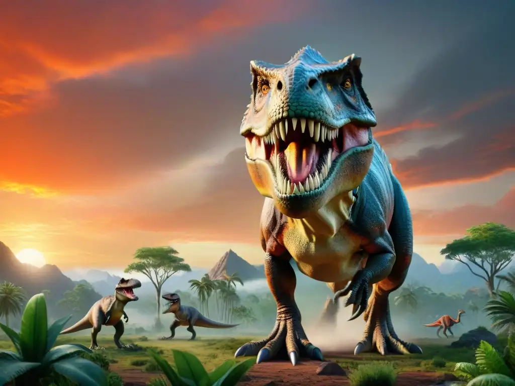 Recreación épica: Tiranosaurio rex en su esplendor prehistórico Imponente T-Rex con escamas brillantes en un atardecer prehistórico