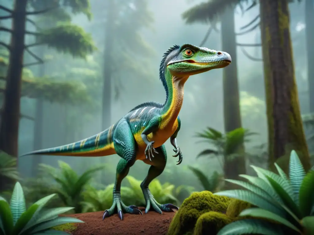 Troodon en Bosque Prehistórico: Detalles Intrigantes Imponente Troodon en bosque prehistórico, destacando su inteligencia