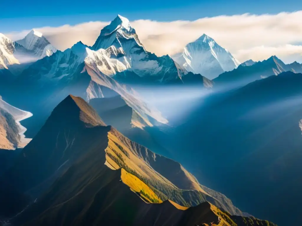 Esplendor Himalaya: majestuosidad y grandeza en una vista aérea Imponente vista aérea de los gigantes prehistóricos en el Himalaya, con picos nevados que se elevan hacia el cielo