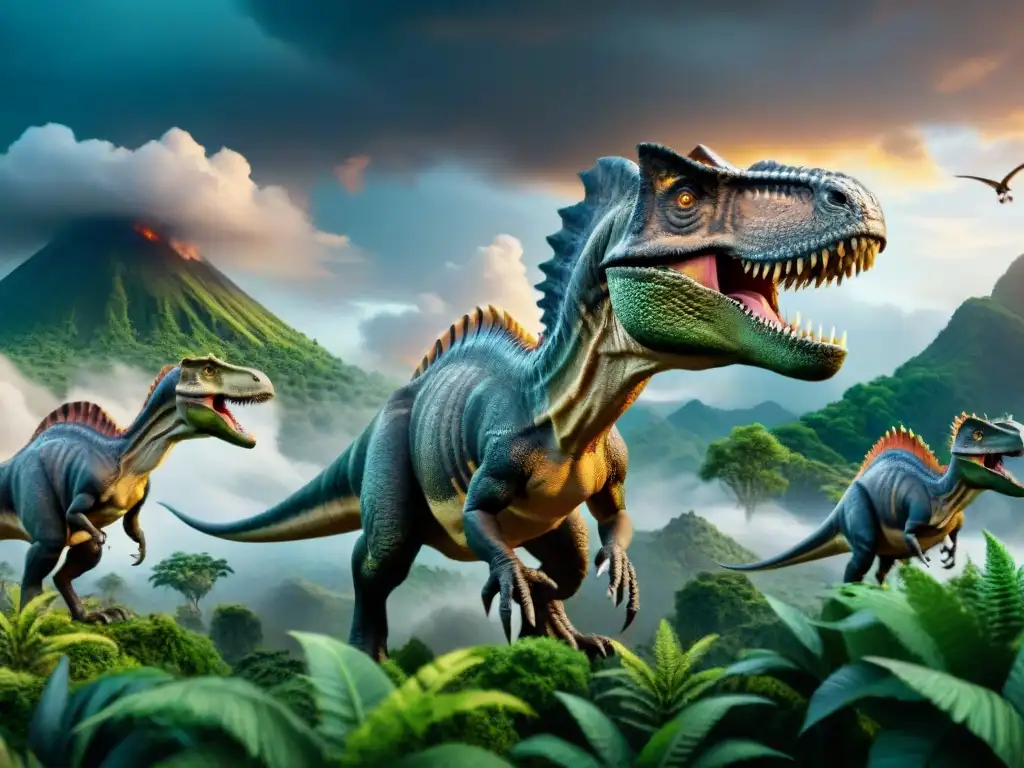 Dinosaurios en paisaje prehistórico detallado Imponentes dinosaurios evolucionando bajo el impacto de la gravedad en un paisaje prehistórico exuberante