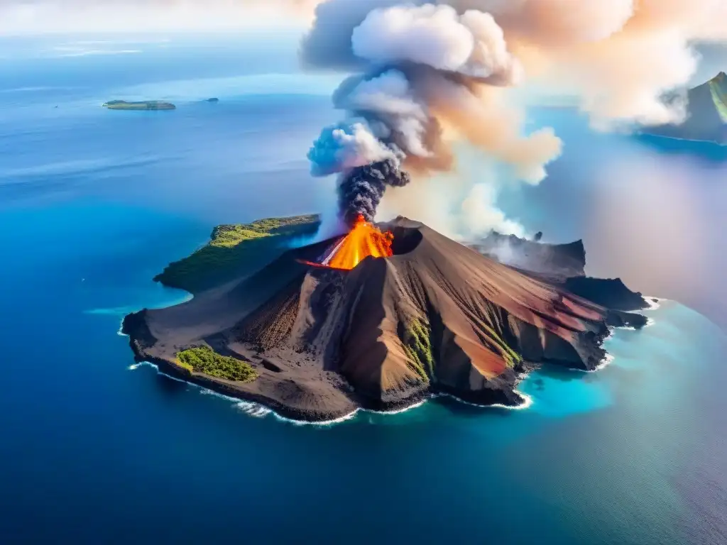 Contraste volcánico: fuego y calma en isla rodeada de océano La importancia de los océanos para mitigar la actividad volcánica, capturada en la imagen de una isla volcánica rodeada de mar