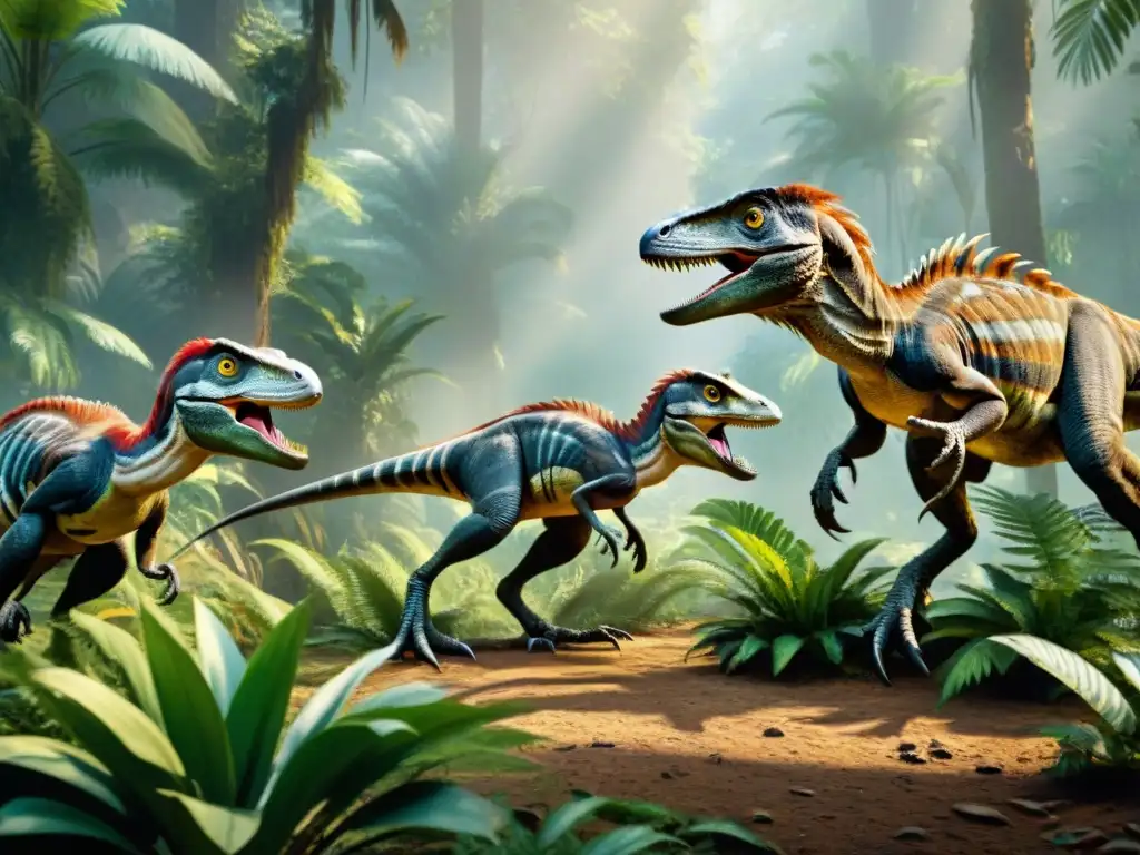 Velocirraptores en la Jungla Prehistórica Impresionante cacería de Velociraptores con adaptaciones sorprendentes en la jungla prehistórica